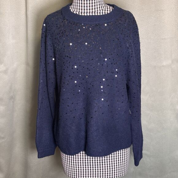 Vince Camuto Sequined Raglan Long Sleeve Sweater Mademoiselle Navy Size S - Picture 4 of 11